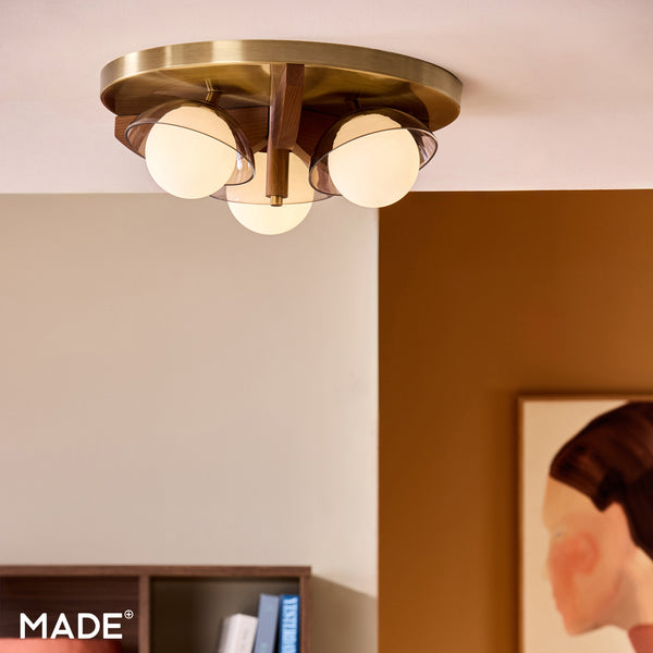 Layla 3 Semi Flush Ceiling Light in Walnut Stained Ash Wood with Smoked & Opal Glass Shades