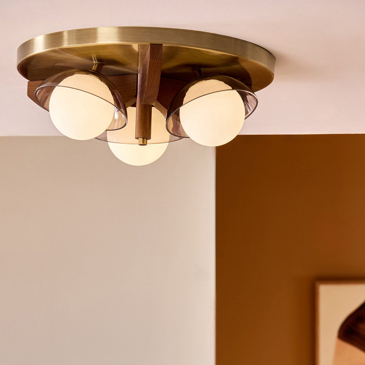 Layla 3 Semi Flush Ceiling Light in Walnut Stained Ash Wood with Smoked & Opal Glass Shades