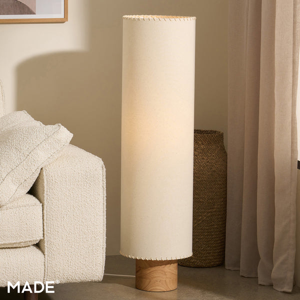 Neutra Floor Lamp with Natural Rubberwood Base & Faux Linen Drum Shade
