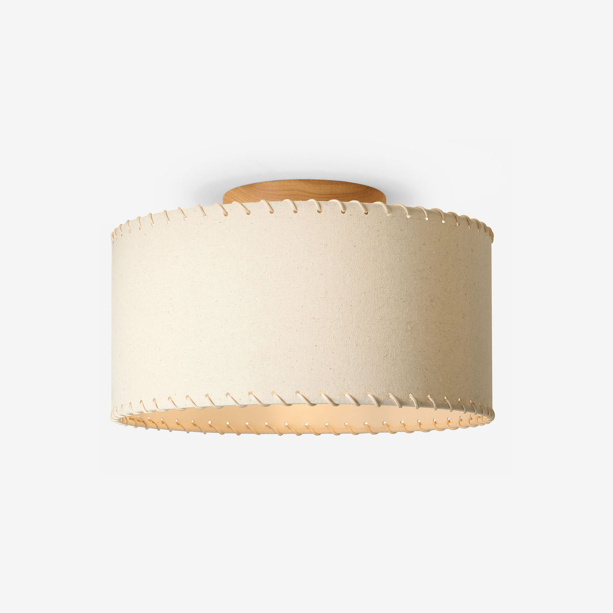Neutra Semi Flush Ceiling Light with Natural Rubberwood Base & Faux Linen Drum Shade
