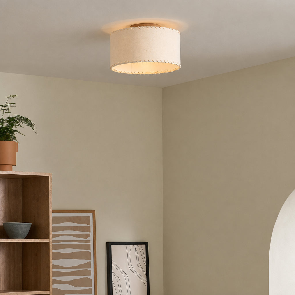Neutra Semi Flush Ceiling Light with Natural Rubberwood Base & Faux Linen Drum Shade