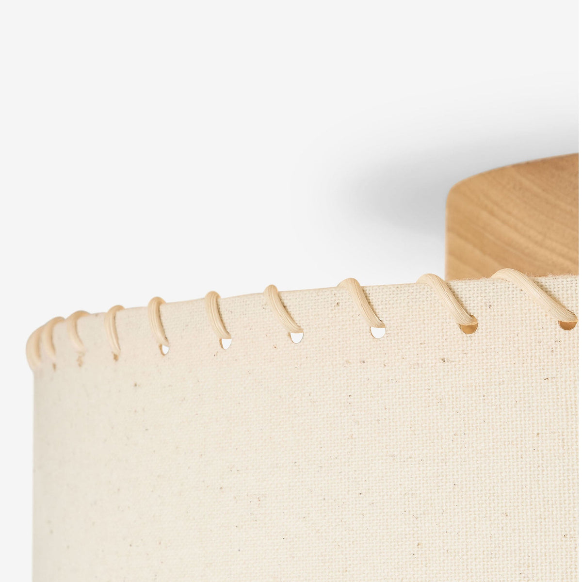 Neutra Semi Flush Ceiling Light with Natural Rubberwood Base & Faux Linen Drum Shade