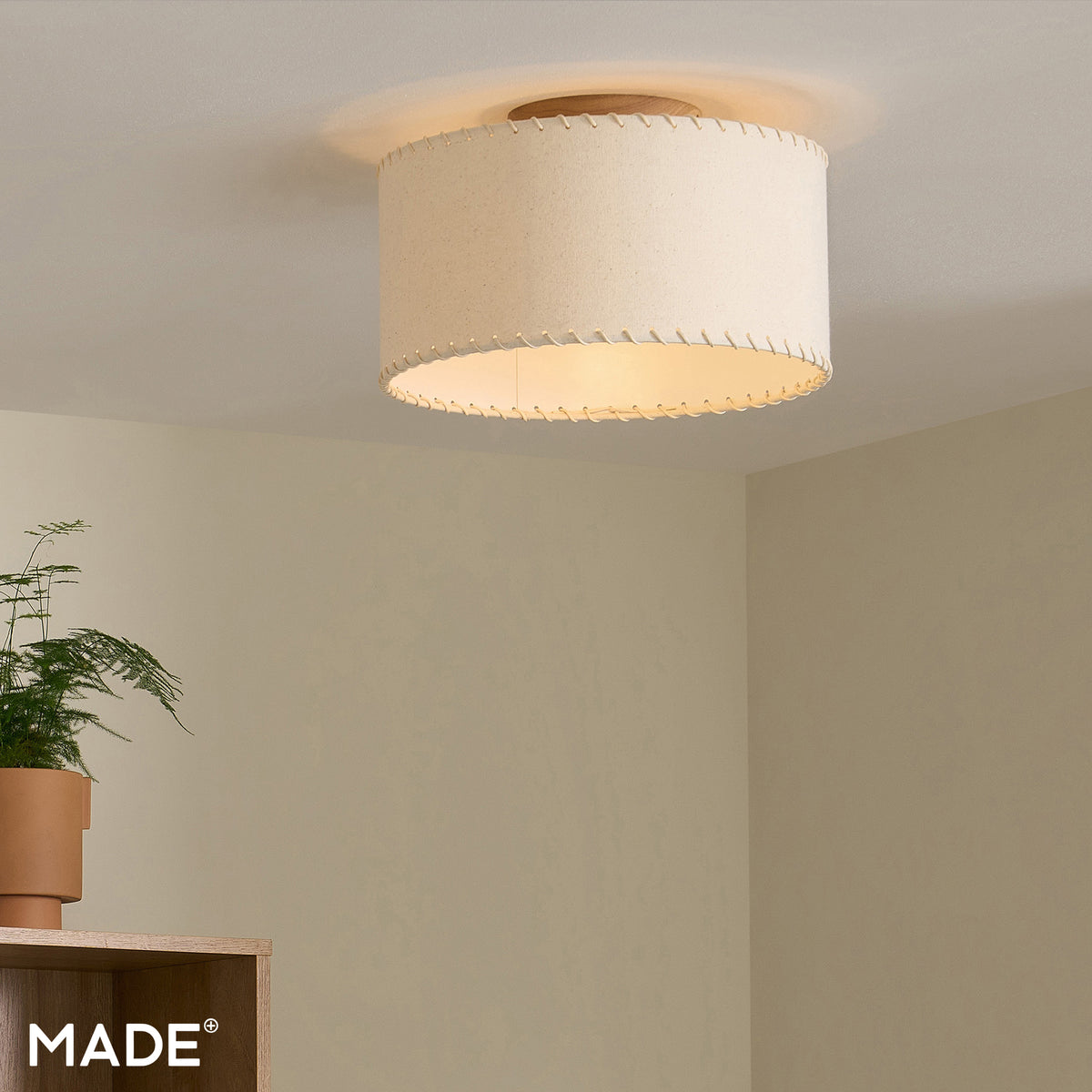 Neutra Semi Flush Ceiling Light with Natural Rubberwood Base & Faux Linen Drum Shade