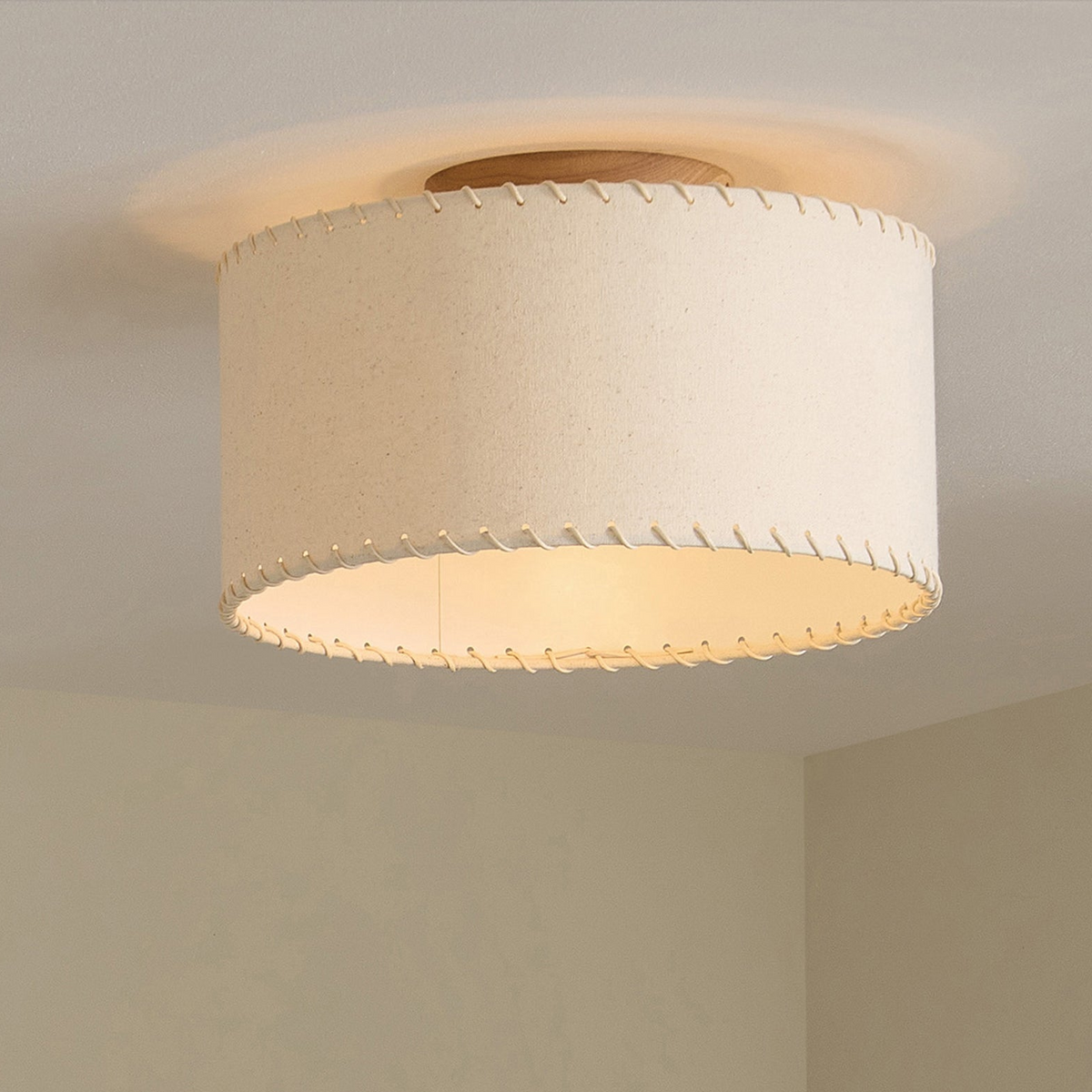 Neutra Semi Flush Ceiling Light with Natural Rubberwood Base & Faux Linen Drum Shade
