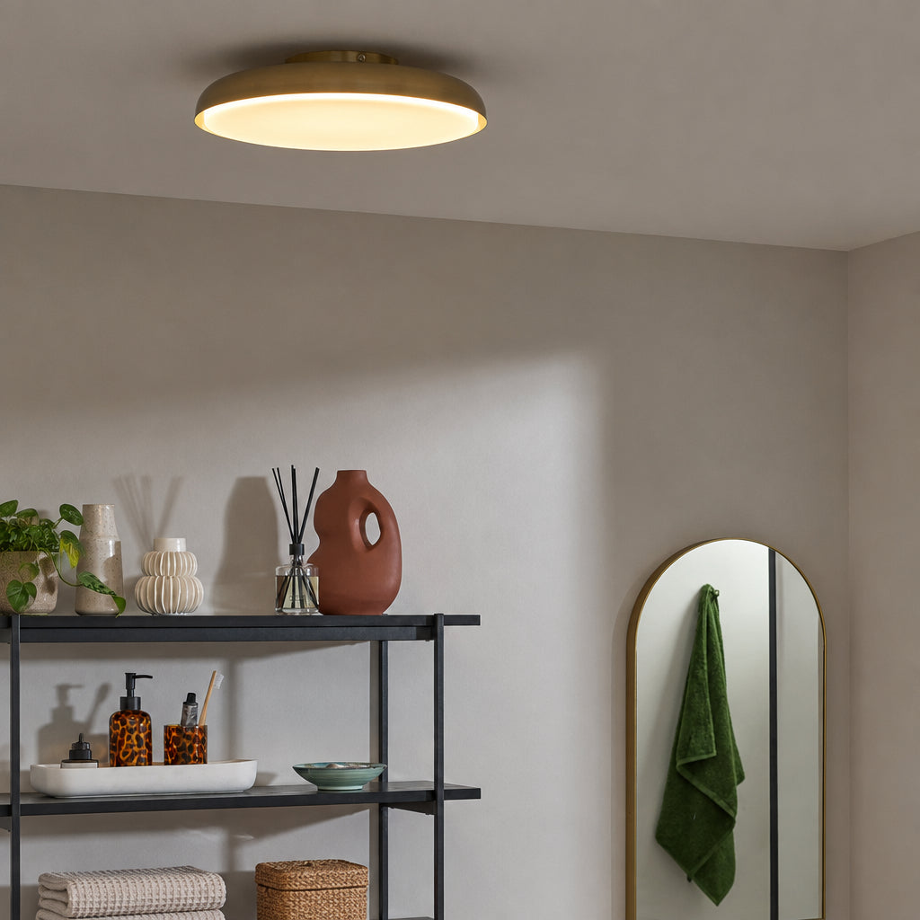Nura IP44 Semi Flush LED Bathroom Ceiling Light in Antique Brass
