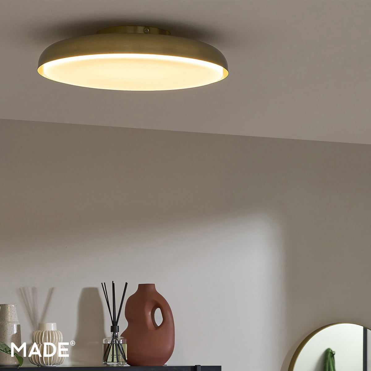 Nura IP44 Semi Flush LED Bathroom Ceiling Light in Antique Brass