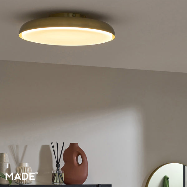 Nura IP44 Semi Flush LED Bathroom Ceiling Light in Antique Brass