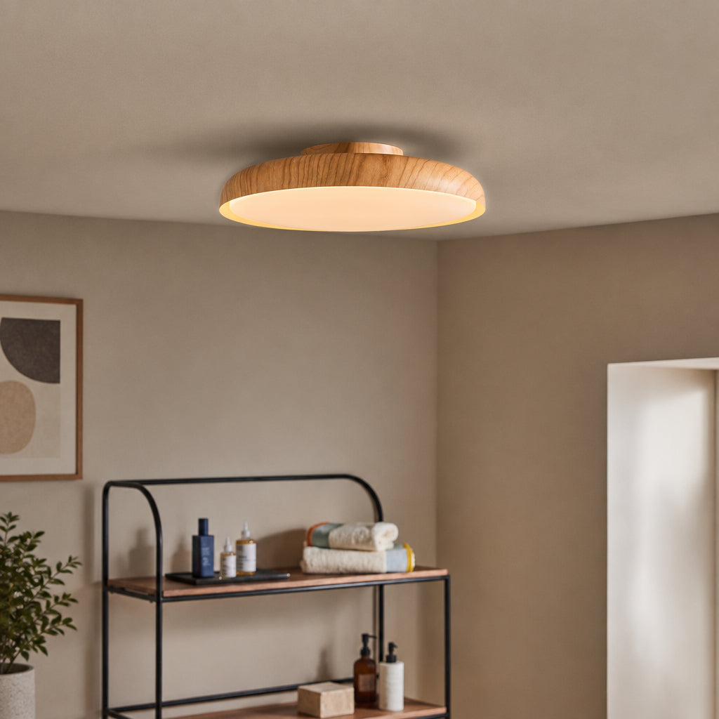 Nura IP44 Semi Flush LED Bathroom Ceiling Light in Wood Effect