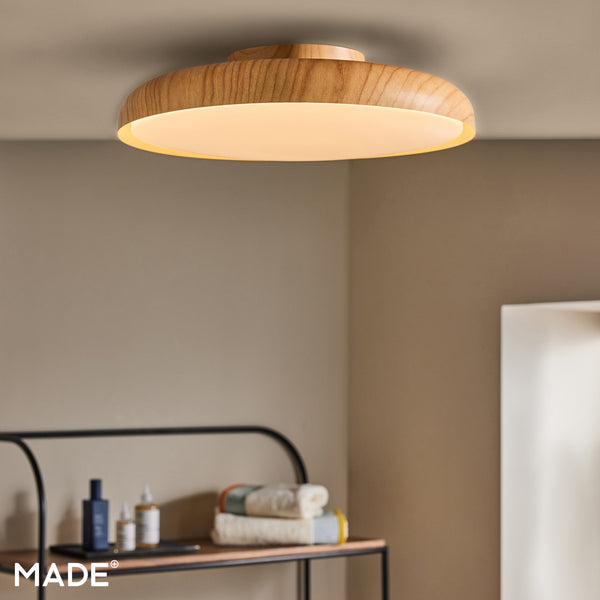 Nura IP44 Semi Flush LED Bathroom Ceiling Light in Wood Effect