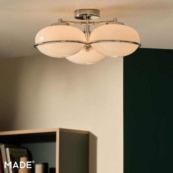 Piper 3 Light Semi Flush Ceiling in Polished Chrome with Opal Glass Shades