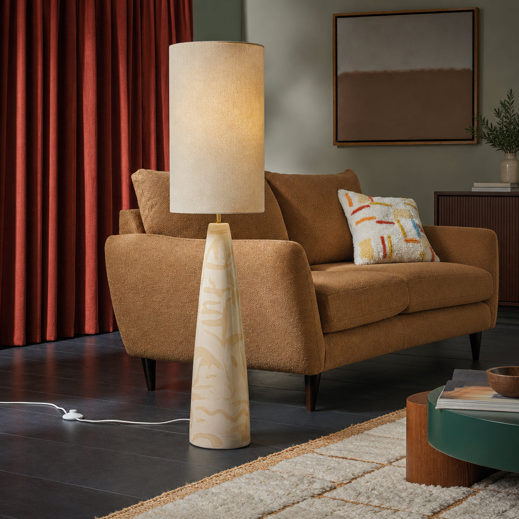 Vince Ceramic Floor Lamp in Cream with Natural Linen Shade