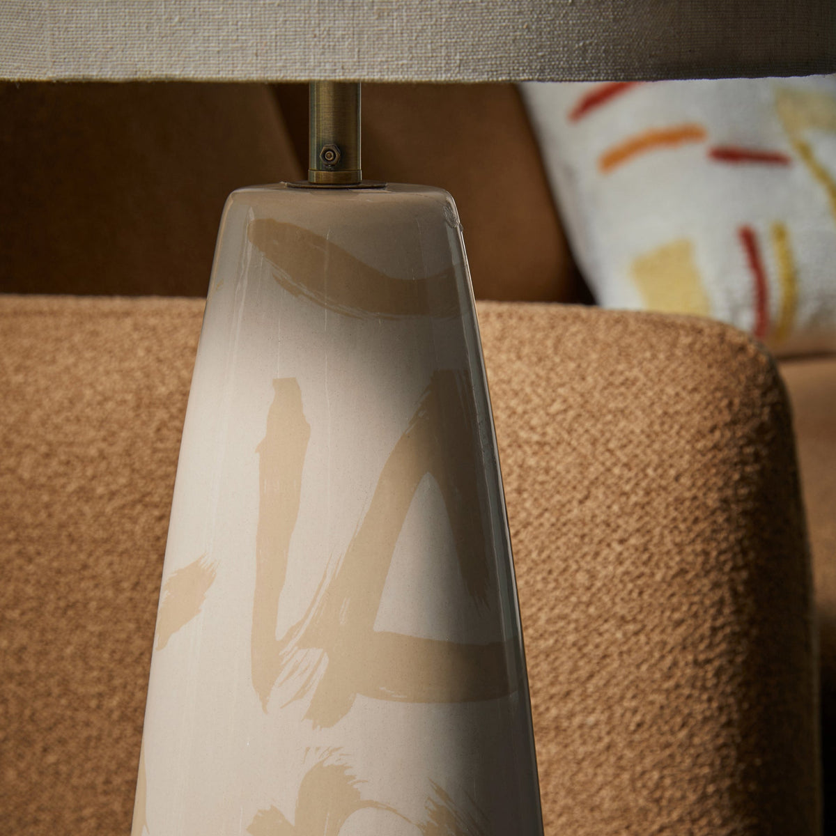 Vince Ceramic Floor Lamp in Cream with Natural Linen Shade