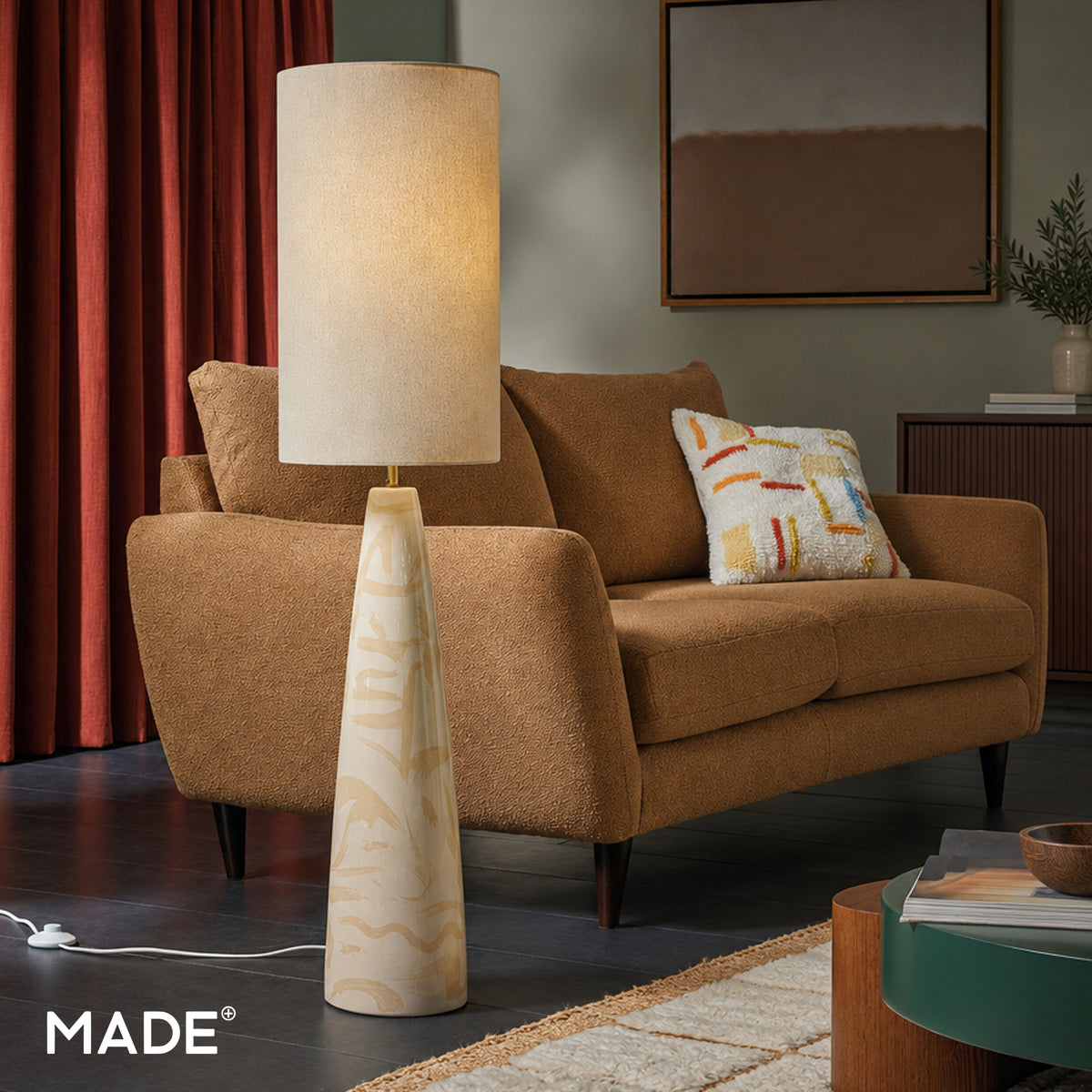 Vince Ceramic Floor Lamp in Cream with Natural Linen Shade