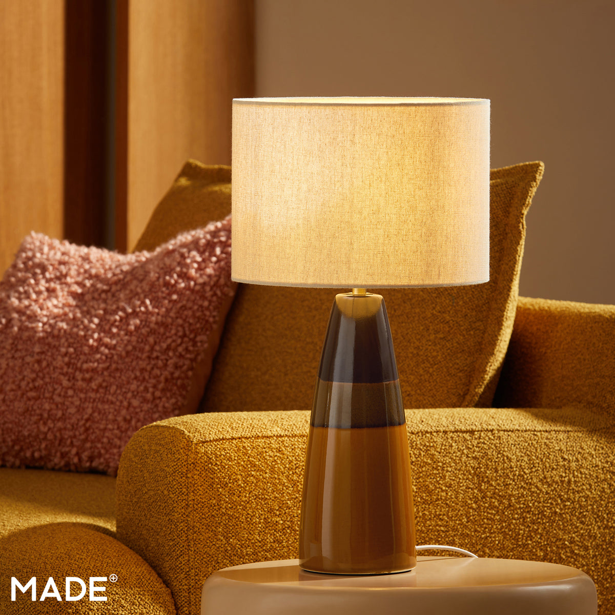 Vince Ceramic Table Lamp in Brown with Natural Linen Shade