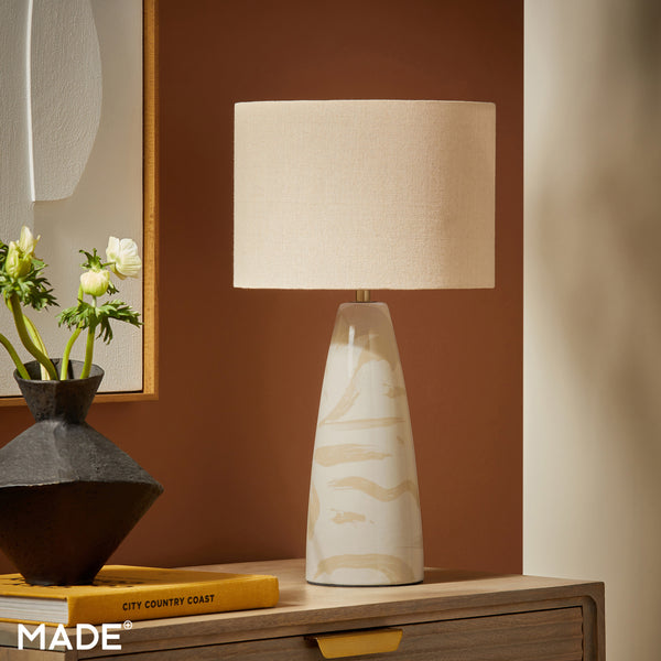 Vince Ceramic Table Lamp in Cream with Natural Linen Shade