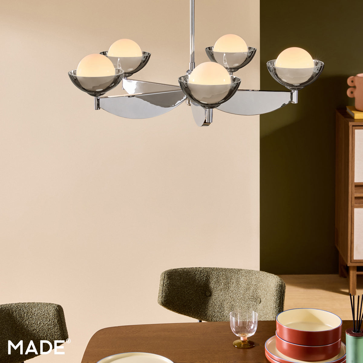 Layla 5 Light Pendant in Chrome with Chromed Outer & Opal Inner Glass Shades