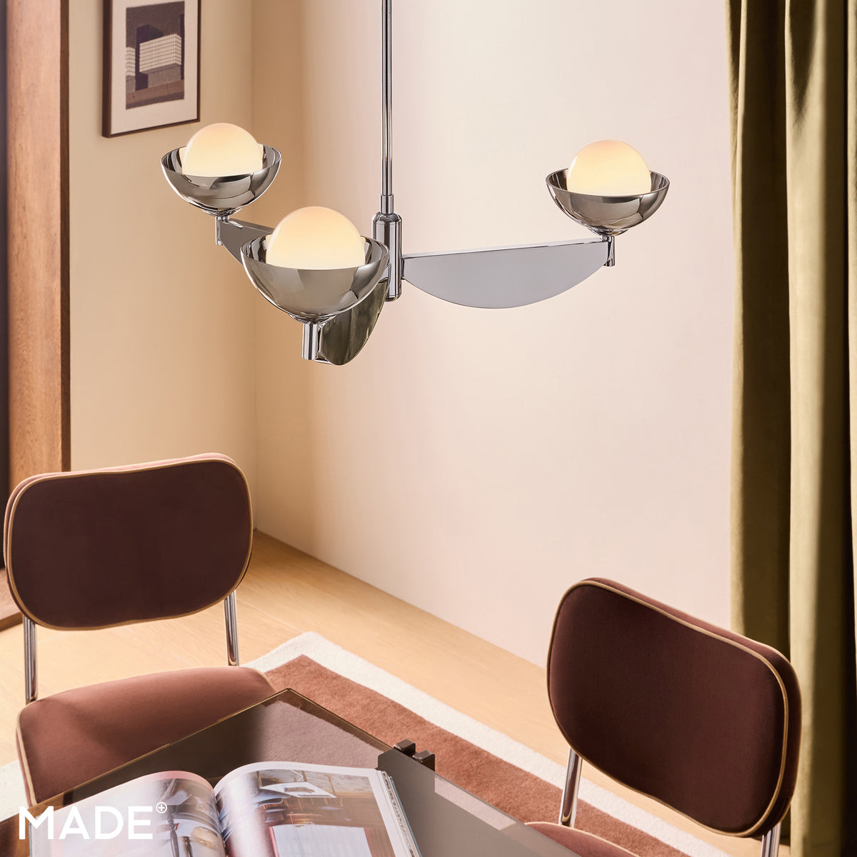 Layla 3 Light Pendant in Chrome with Chromed Outer & Opal Inner Glass Shades