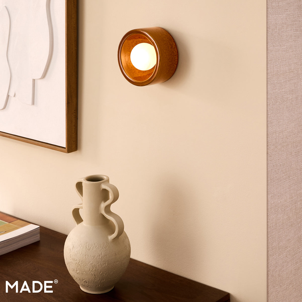 Mavi Ceramic Wall Light in Caramel Brown with Frosted Glass Diffuser