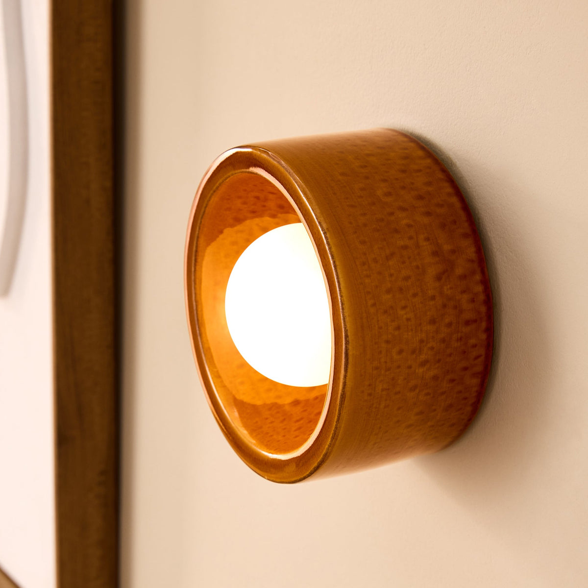 Mavi Ceramic Wall Light in Caramel Brown with Frosted Glass Diffuser