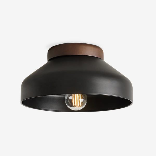 Albert Semi Flush Ceiling Light in Matt Black with Rubberwood Detail
