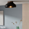 Albert Semi Flush Ceiling Light in Matt Black with Rubberwood Detail