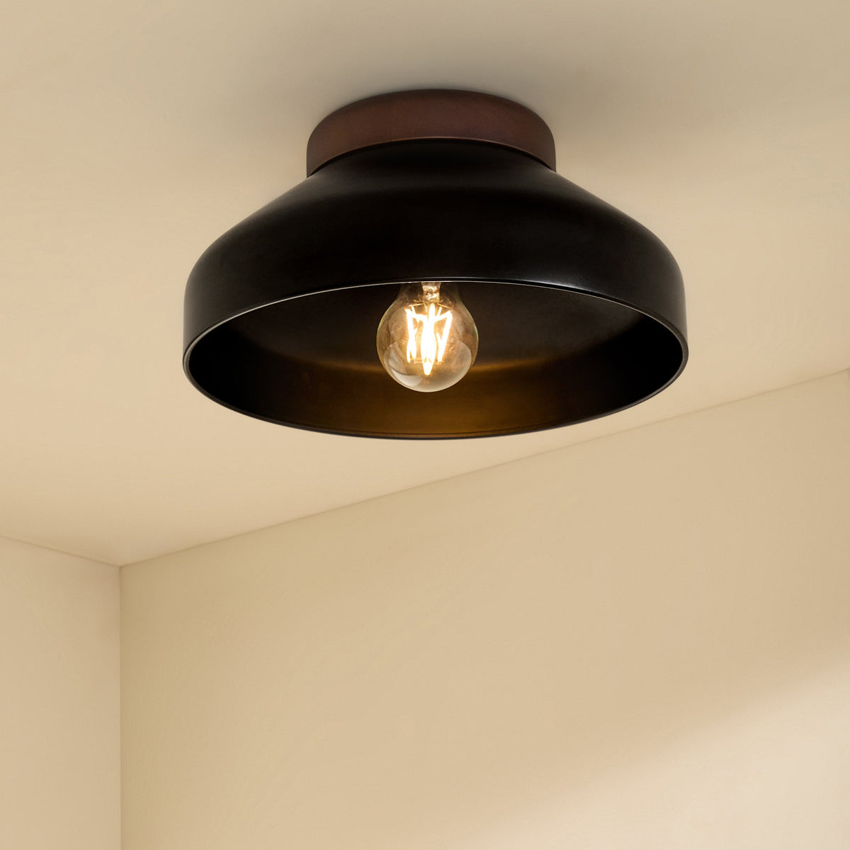 Albert Semi Flush Ceiling Light in Matt Black with Rubberwood Detail