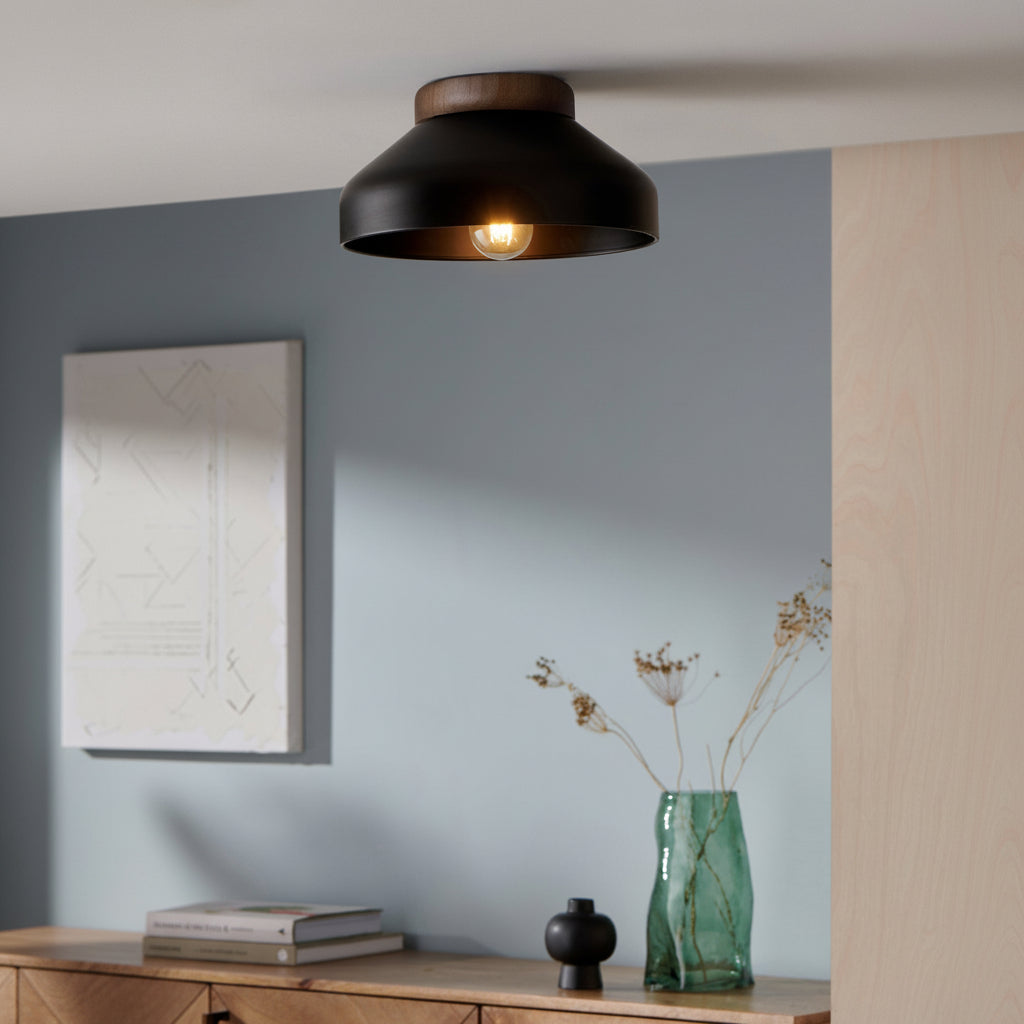 Albert Semi Flush Ceiling Light in Matt Black with Rubberwood Detail
