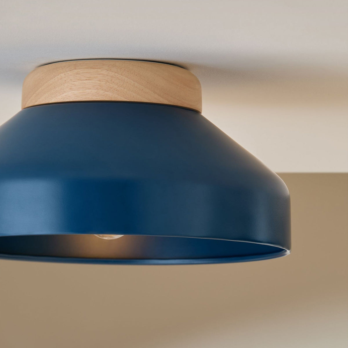 Albert Semi Flush Ceiling Light in Navy Blue with Rubberwood Detail
