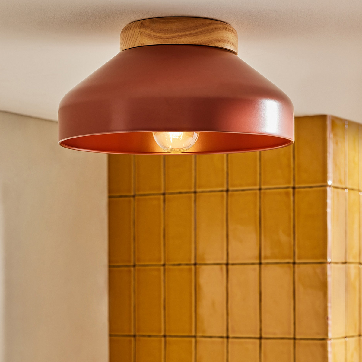 Albert Semi Flush Ceiling Light in Terracotta with Rubberwood Detail