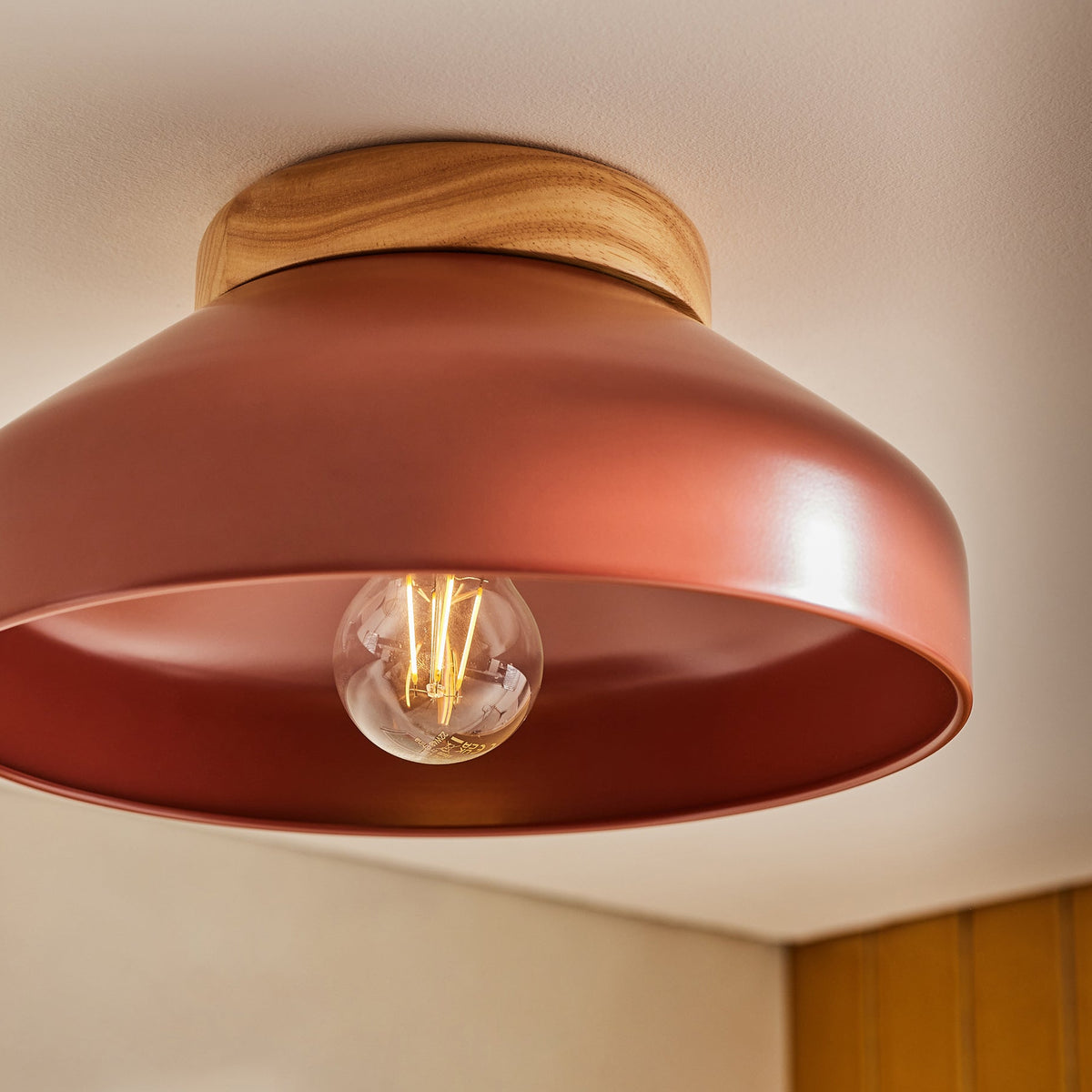 Albert Semi Flush Ceiling Light in Terracotta with Rubberwood Detail