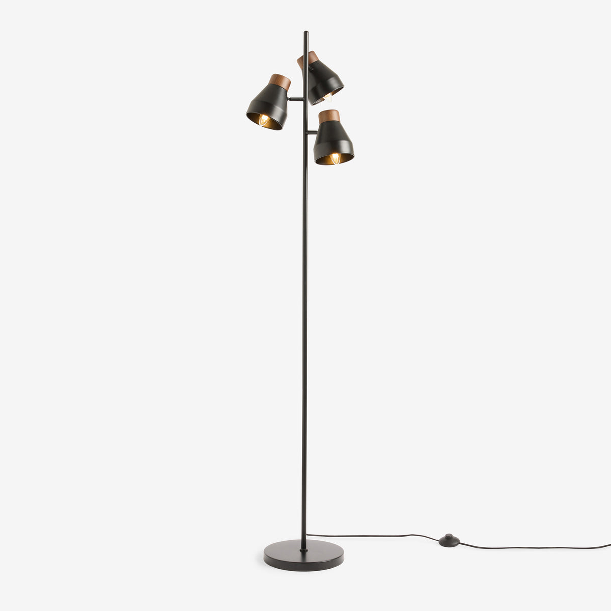 Albert 3 Light Floor Lamp in Matt Black with Rubberwood Detail