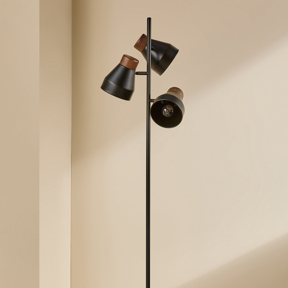 Albert 3 Light Floor Lamp in Matt Black with Rubberwood Detail