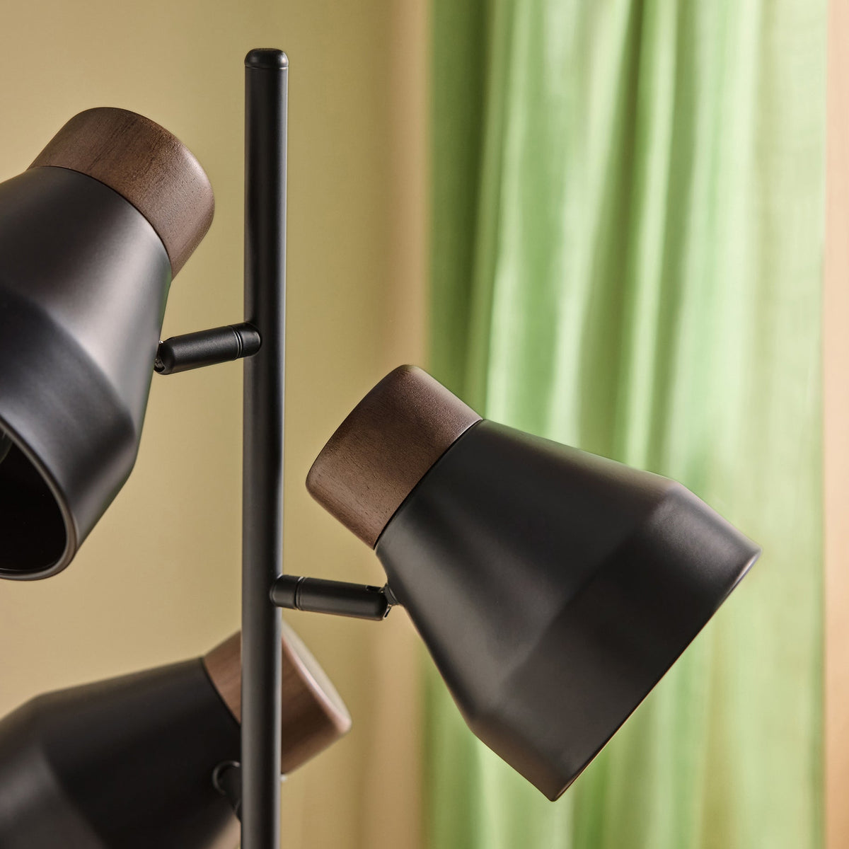 Albert 3 Light Floor Lamp in Matt Black with Rubberwood Detail