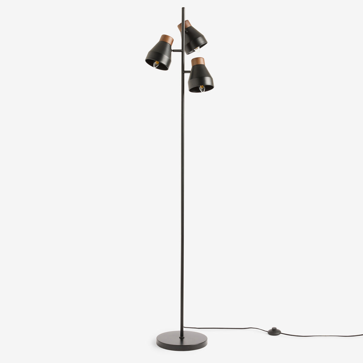 Albert 3 Light Floor Lamp in Matt Black with Rubberwood Detail