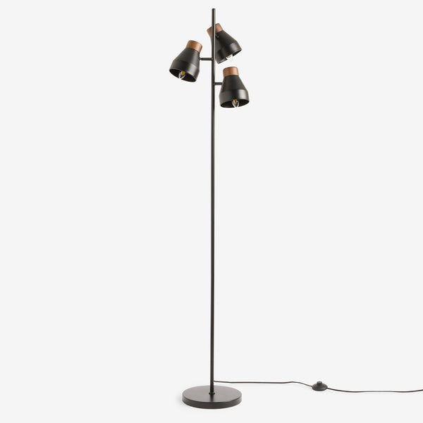 Albert 3 Light Floor Lamp in Matt Black with Rubberwood Detail