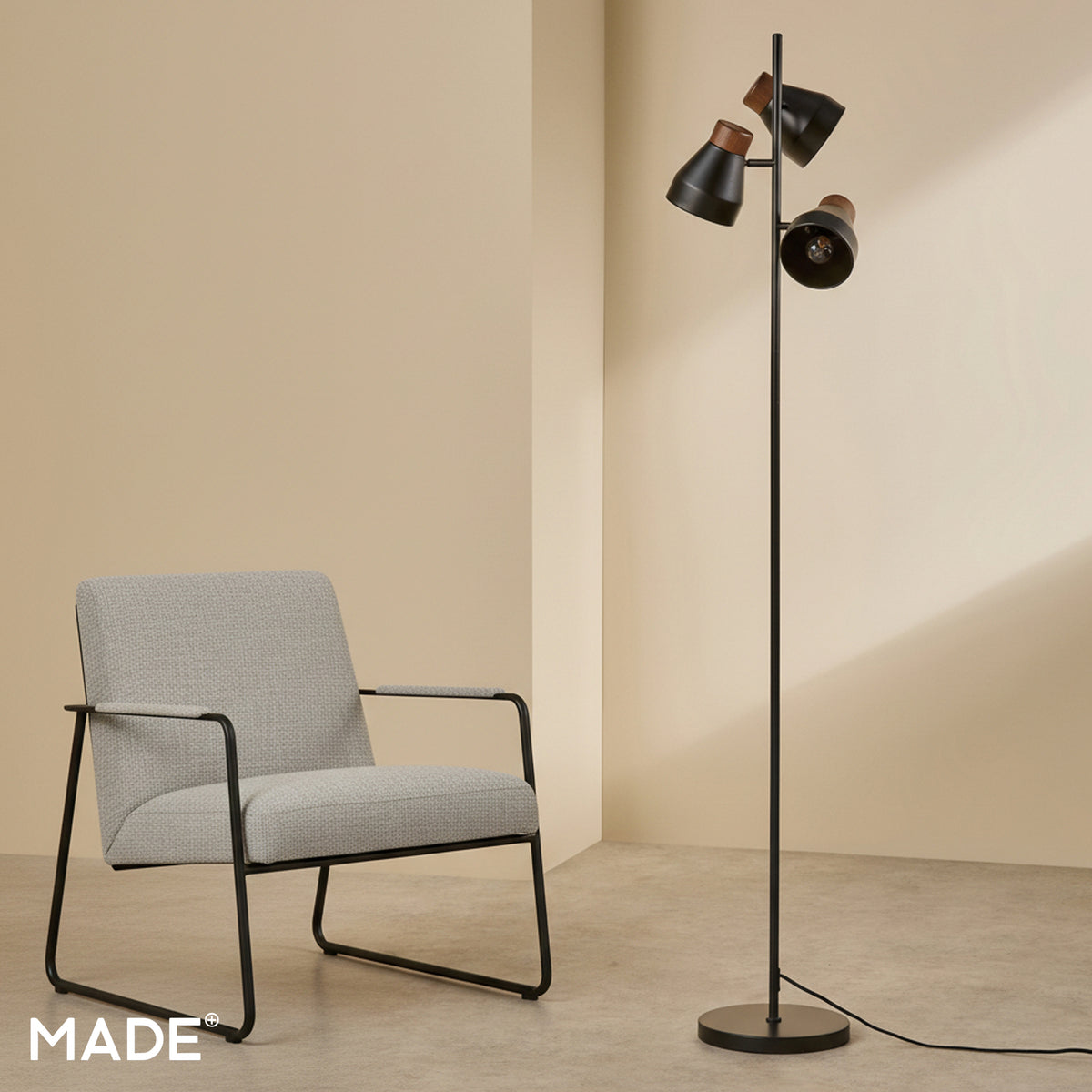 Albert 3 Light Floor Lamp in Matt Black with Rubberwood Detail