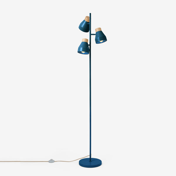 Albert 3 Light Floor Lamp in Navy Blue with Rubberwood Detail