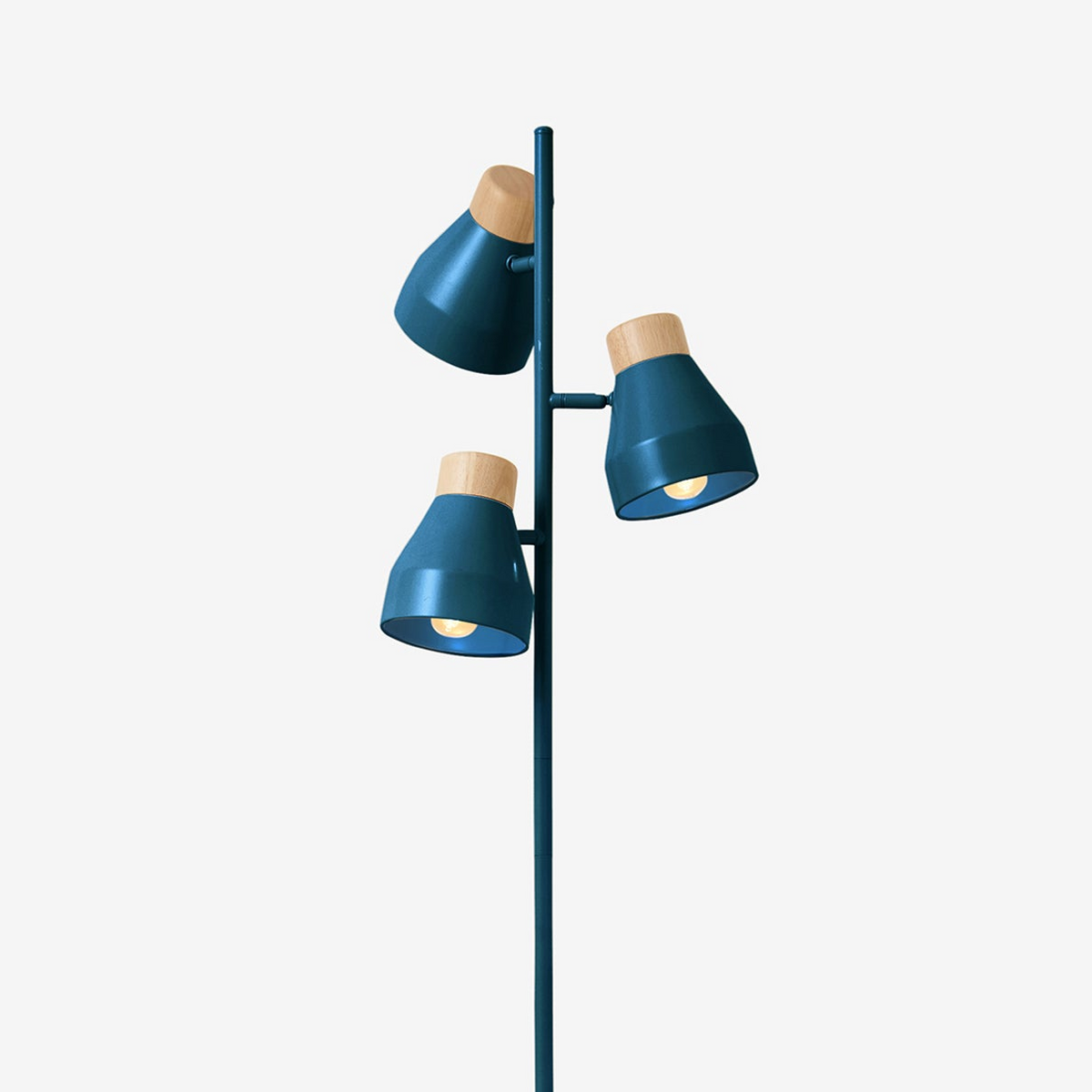 Albert 3 Light Floor Lamp in Navy Blue with Rubberwood Detail