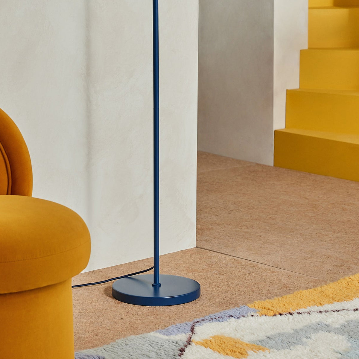 Albert 3 Light Floor Lamp in Navy Blue with Rubberwood Detail