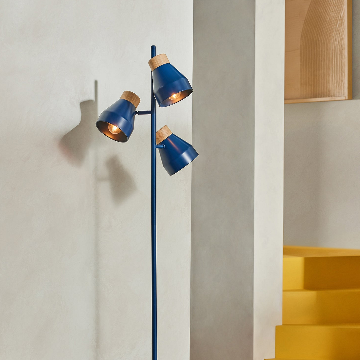 Albert 3 Light Floor Lamp in Navy Blue with Rubberwood Detail