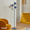Albert 3 Light Floor Lamp in Navy Blue with Rubberwood Detail