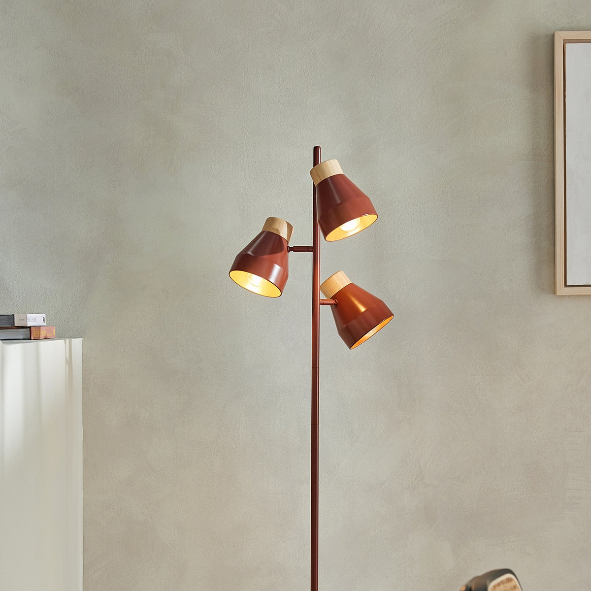 Albert 3 Light Floor Lamp in Terracotta with Rubberwood Detail