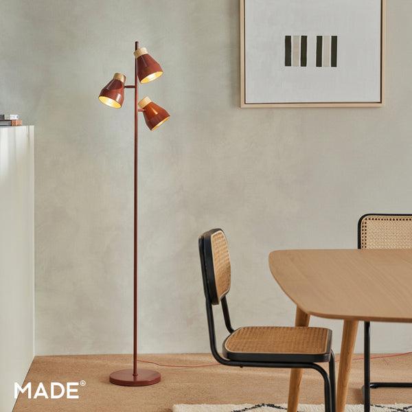 Albert 3 Light Floor Lamp in Terracotta with Rubberwood Detail
