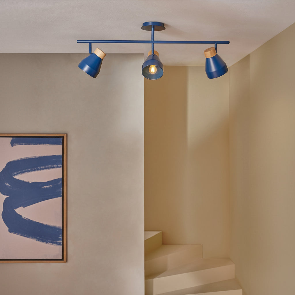 Albert 3 Light Bar Spotlight in Navy Blue with Rubberwood Detail