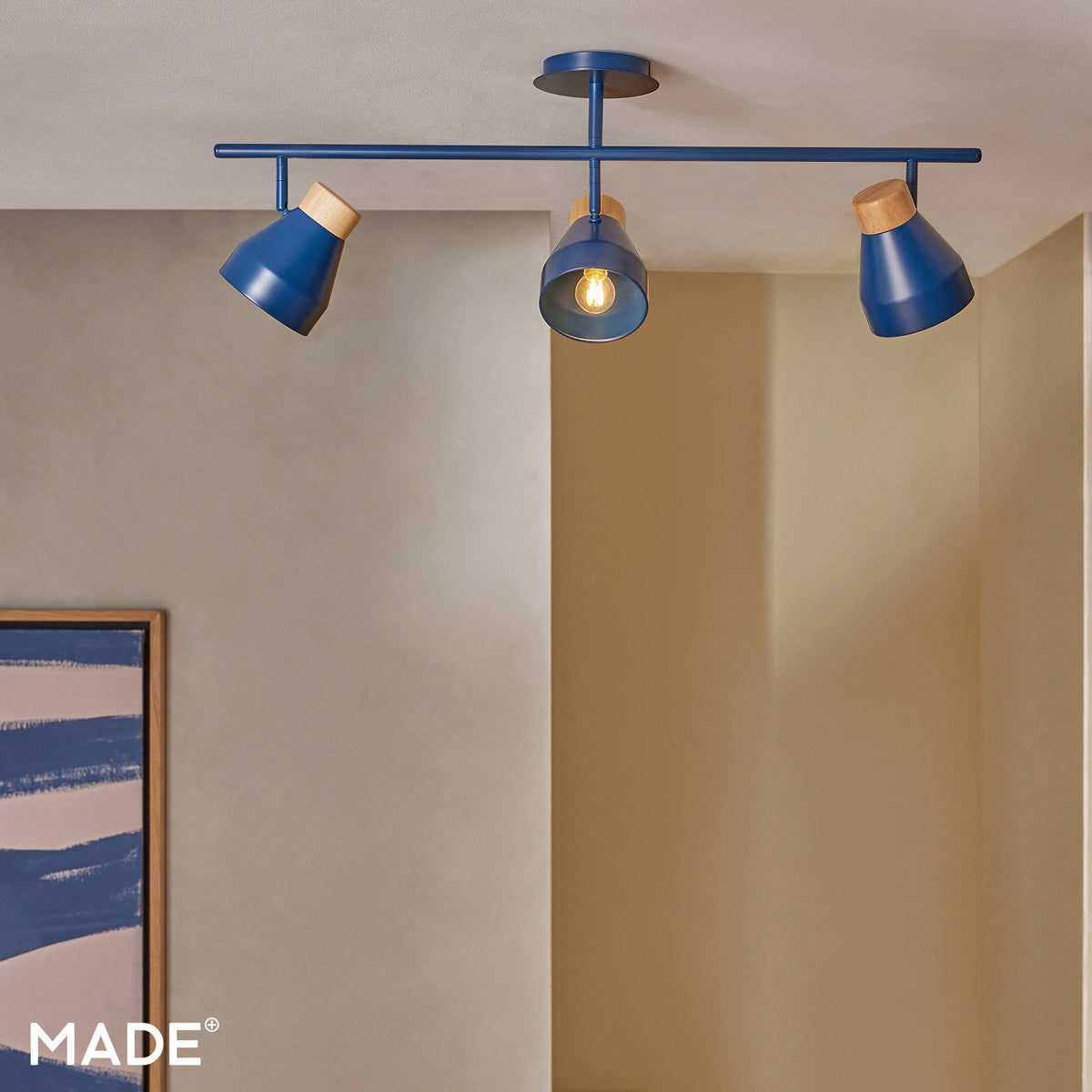 Albert 3 Light Bar Spotlight in Navy Blue with Rubberwood Detail