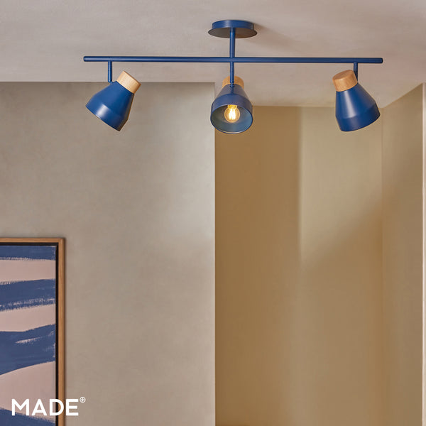 Albert 3 Light Bar Spotlight in Navy Blue with Rubberwood Detail