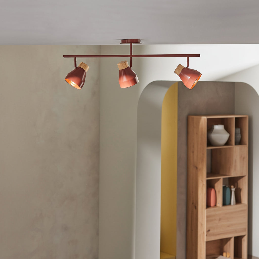 Albert 3 Light Bar Spotlight in Terracotta with Rubberwood Detail