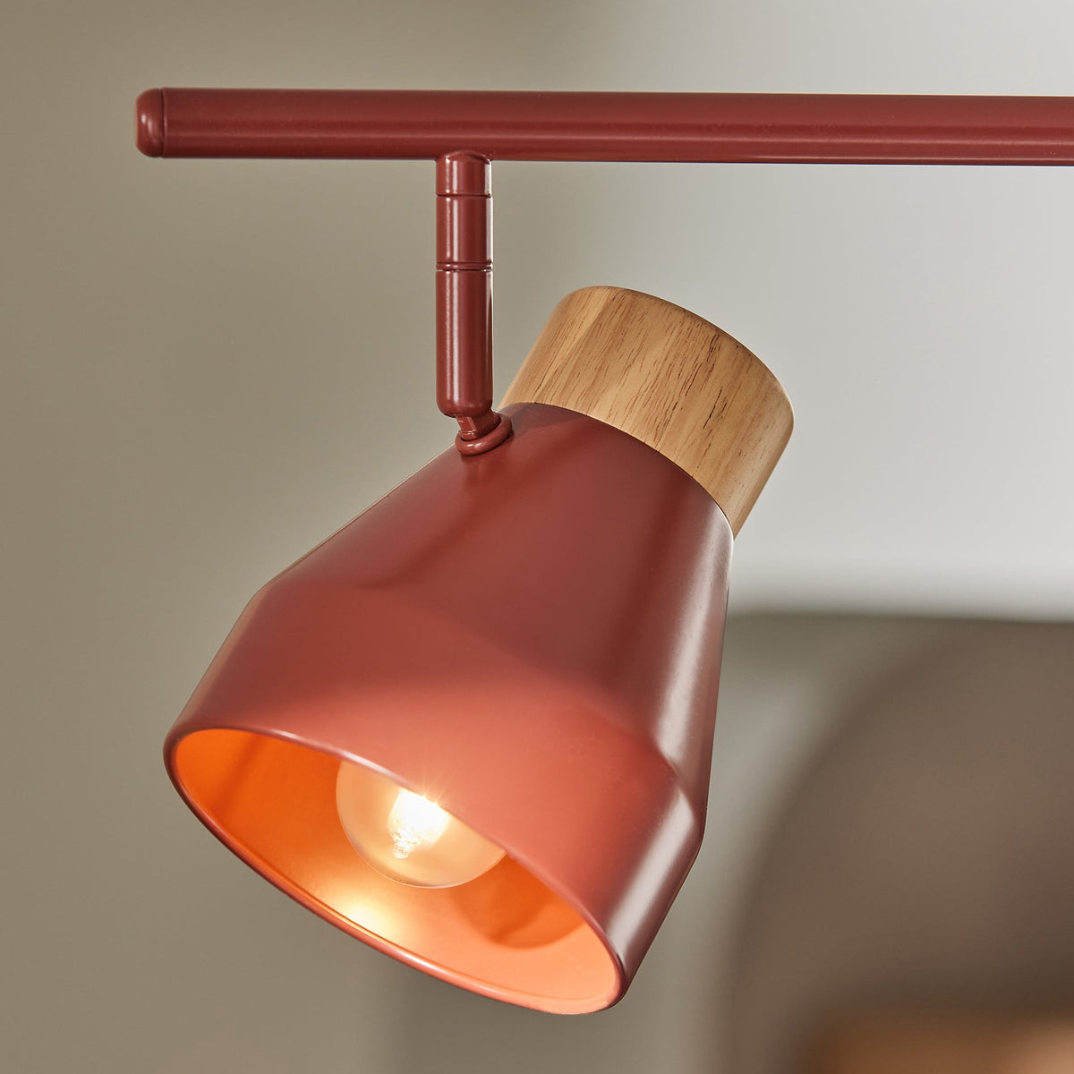 Albert 3 Light Bar Spotlight in Terracotta with Rubberwood Detail