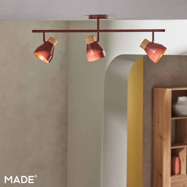 Albert 3 Light Bar Spotlight in Terracotta with Rubberwood Detail