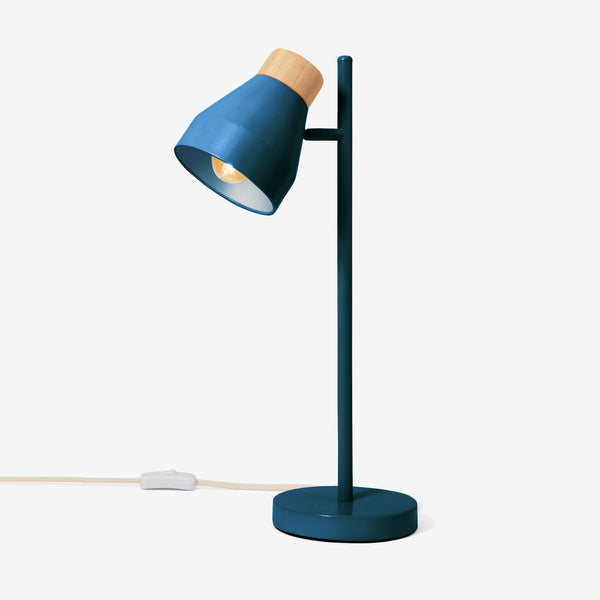 Albert Table Lamp in Navy Blue with Rubberwood Detail